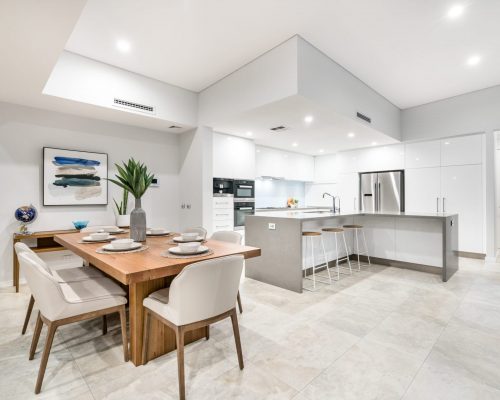 Large kitchen and dining areas in modern Australian home with luxury finishings. Perth, Western Australia. Photographed: September, 2018.